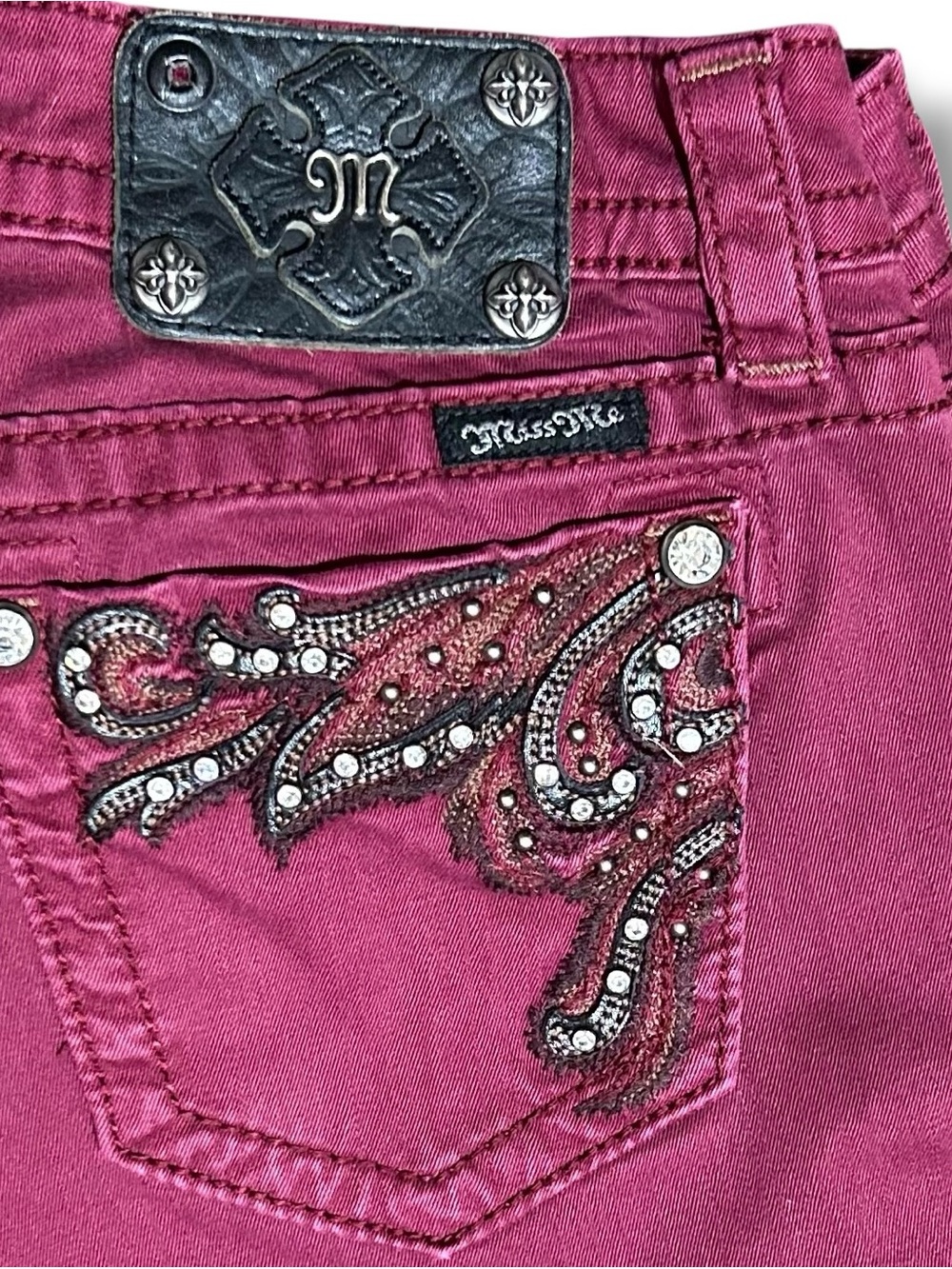 Miss Me Jeans Burgundy Red Purple Low Rise Skinny Women’s 27x32 Bling Pockets